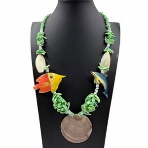 VTG 80s 90s Carved Wood Fish Sea Shell Statement Necklace Tropical Beach 26"